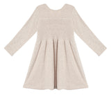 The Millie Natural Waist Dress by Mabel and Honey in light beige features a smocked bodice, long sleeves, and a gathered flared skirt, shown laid flat on a white background, back view.
