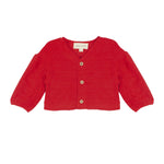 The Mabel and Honey Holly Jacket is a children's bright red, long-sleeved, cropped design with a V-neck and three tan buttons, crafted from soft, textured knit fabric.