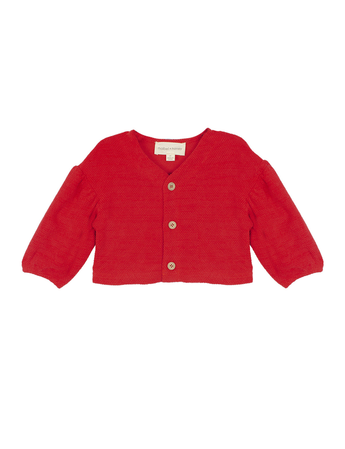 The Mabel and Honey Holly Jacket is a children's bright red, long-sleeved, cropped design with a V-neck and three tan buttons, crafted from soft, textured knit fabric.