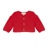 The Mabel and Honey Holly Jacket is a children's bright red, long-sleeved, cropped design with a V-neck and three tan buttons, crafted from soft, textured knit fabric.