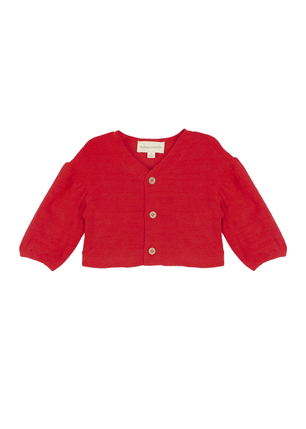 The Mabel and Honey Holly Jacket is a children's bright red, long-sleeved, cropped design with a V-neck and three tan buttons, crafted from soft, textured knit fabric.