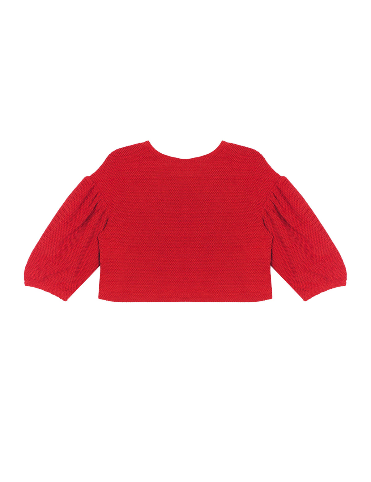 The Holly Jacket by Mabel and Honey is a bright red long-sleeve cropped top with textured fabric and gathered, slightly puffy sleeves, displayed laid flat on a white background.