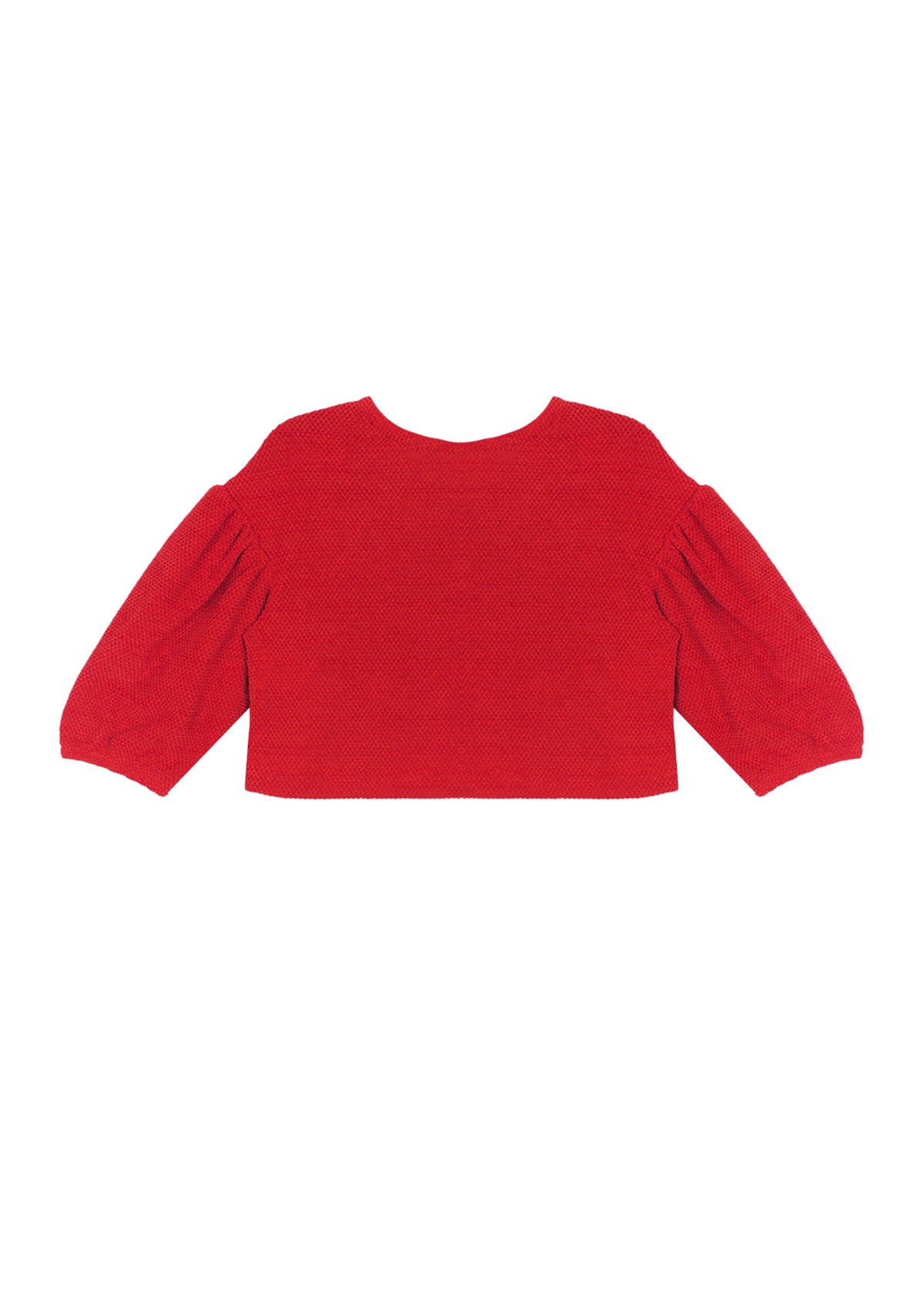 The Holly Jacket by Mabel and Honey is a bright red long-sleeve cropped top with textured fabric and gathered, slightly puffy sleeves, displayed laid flat on a white background.