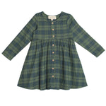 The Cozy Creatures Dress by Mabel and Honey is a children's knee-length, long-sleeve green plaid dress featuring front wooden buttons and a gathered waist.