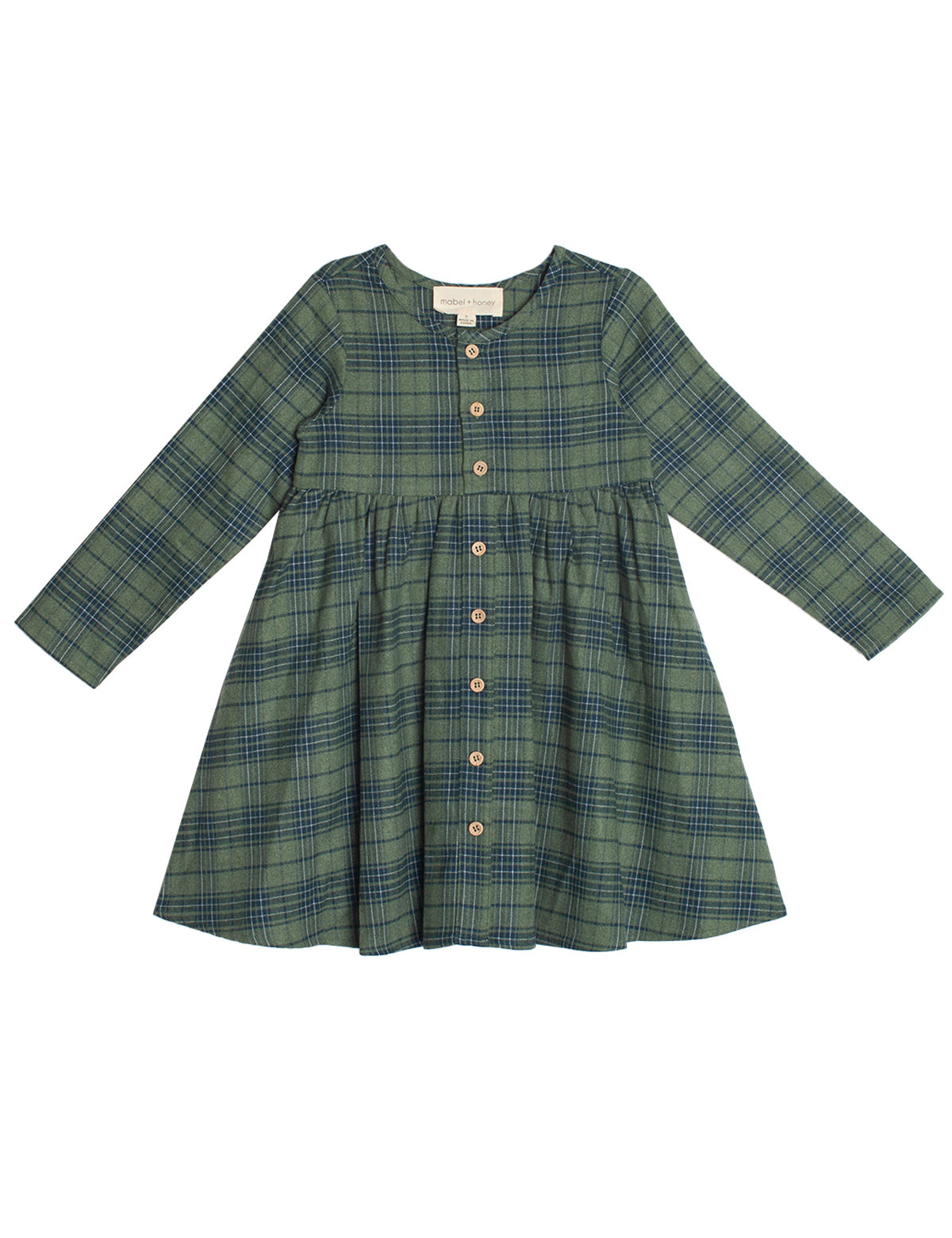 The Cozy Creatures Dress by Mabel and Honey is a children's knee-length, long-sleeve green plaid dress featuring front wooden buttons and a gathered waist.