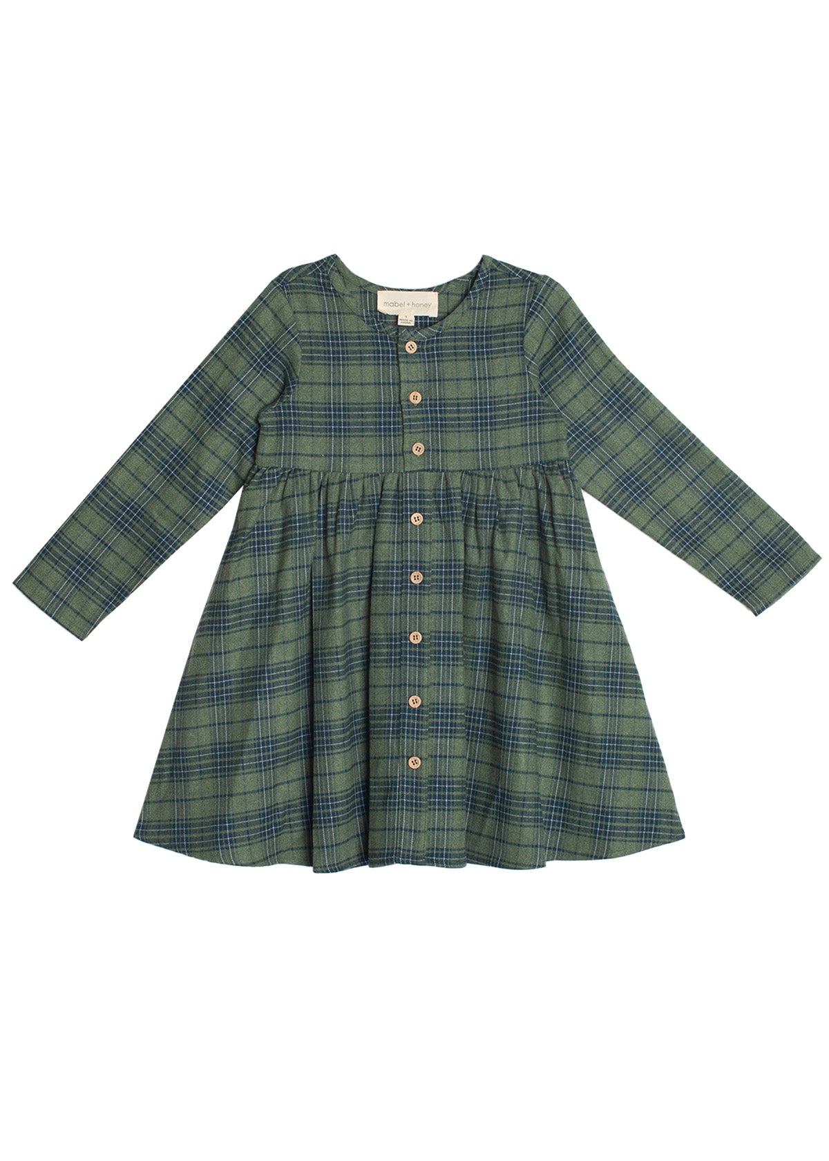 The Cozy Creatures Dress by Mabel and Honey is a children's knee-length, long-sleeve green plaid dress featuring front wooden buttons and a gathered waist.