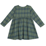 The Mabel and Honey Cozy Creatures Dress is a long-sleeve green and blue plaid dress with a gathered waist, flared skirt, and wooden button details, shown flat on a white background.
