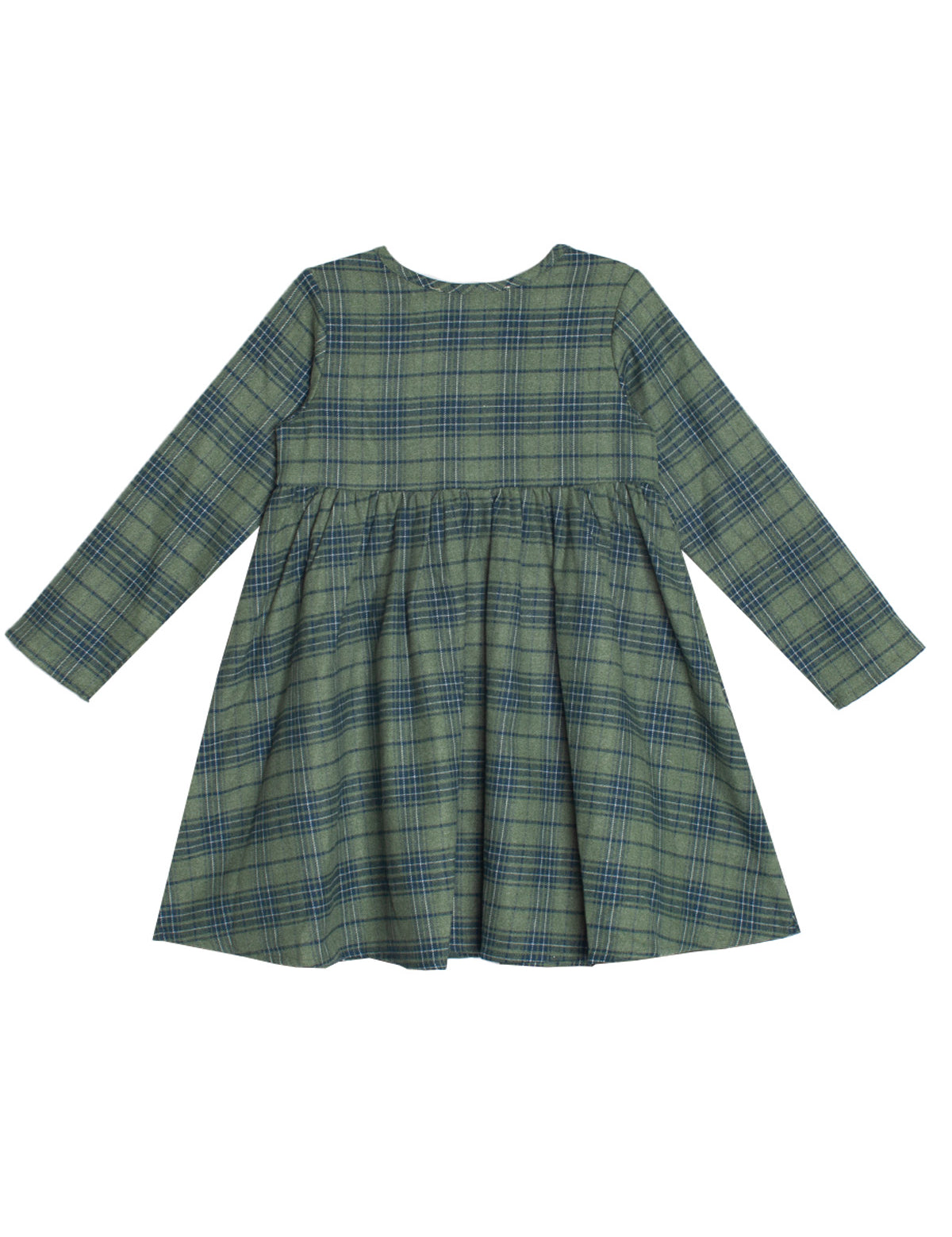 The Mabel and Honey Cozy Creatures Dress is a long-sleeve green and blue plaid dress with a gathered waist, flared skirt, and wooden button details, shown flat on a white background.