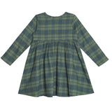 The Mabel and Honey Cozy Creatures Dress is a long-sleeve green and blue plaid dress with a gathered waist, flared skirt, and wooden button details, shown flat on a white background.