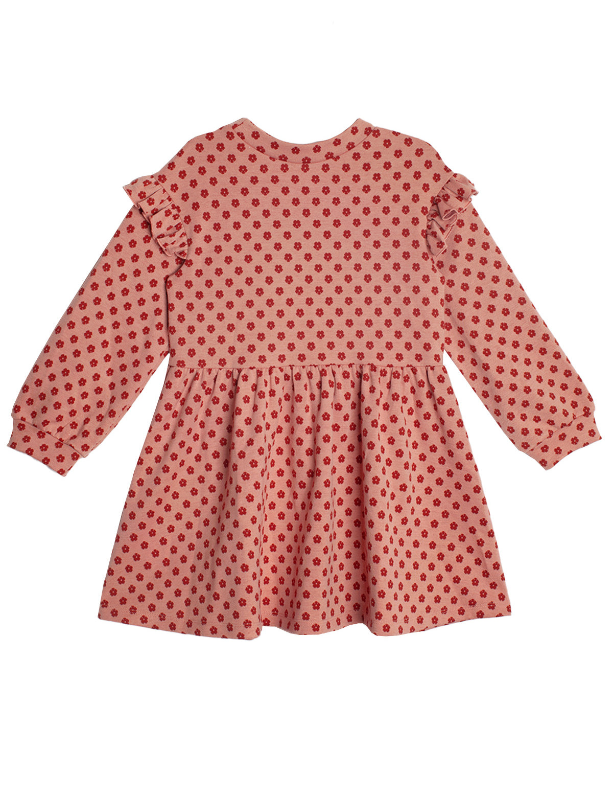 The Mabel and Honey Red Velvet Dress is a pink long sleeve dress with a flared skirt, red polka dots, ruffled shoulders, and cuff buttons for a cute, stylish look.
