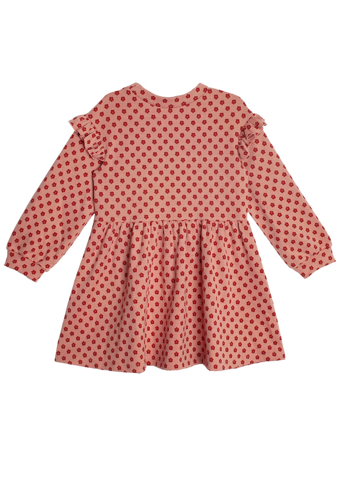The Mabel and Honey Red Velvet Dress is a pink long sleeve dress with a flared skirt, red polka dots, ruffled shoulders, and cuff buttons for a cute, stylish look.