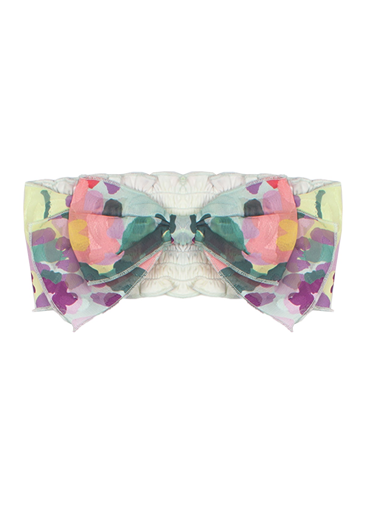 The Watercolor Hair Accessory by Mabel and Honey features a chiffon floral print in pastel pink, green, yellow, purple, and blue on white.