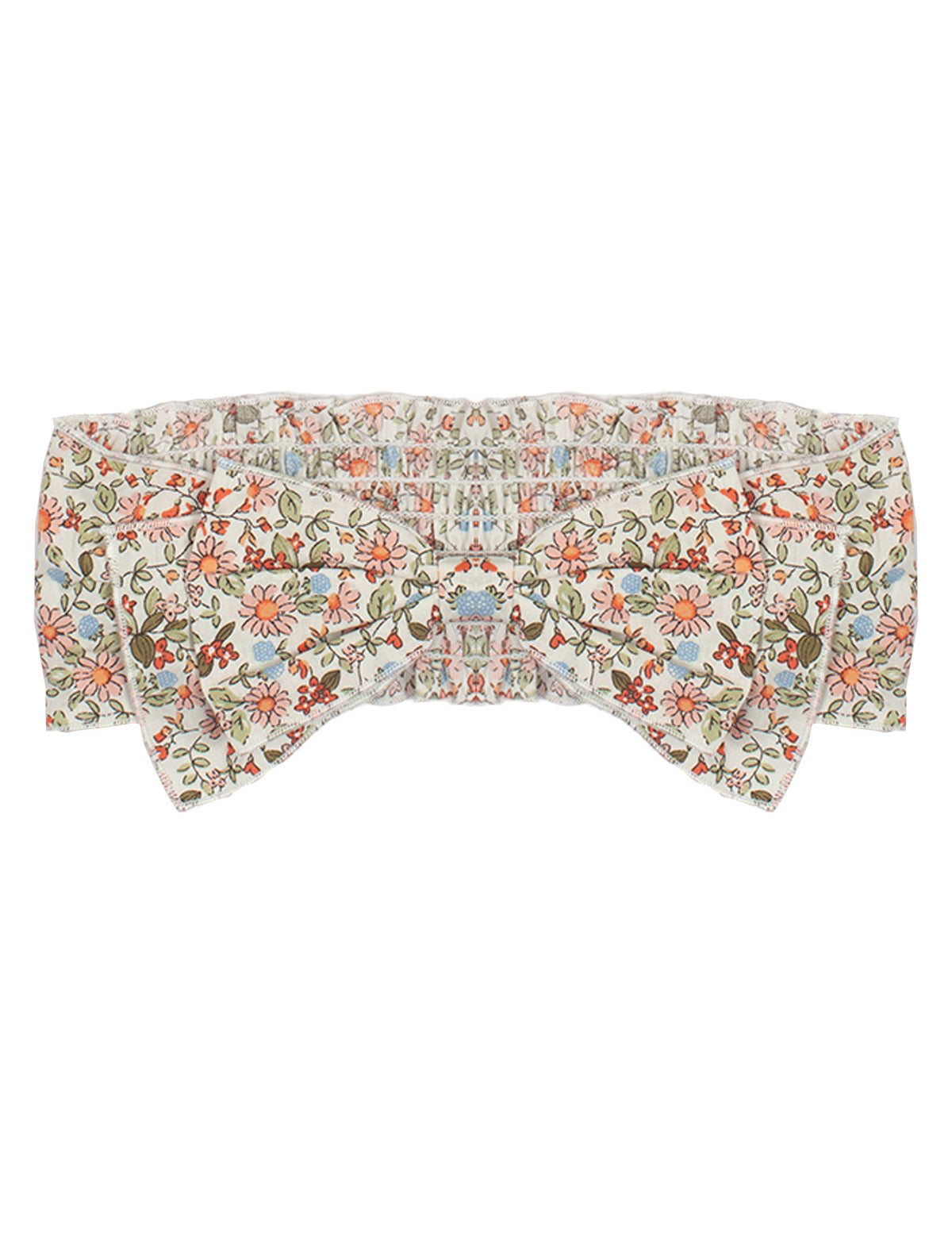 The Sunset Fields Hair Accessory by Mabel and Honey is a fabric headband with a large bow, showcasing a delicate botanical print in pink, orange, green, and blue on white.