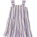 The Riley Rose Dress by Mabel and Honey is a sleeveless girl's dress with ruffle shoulder straps, a tiered skirt, and vertical pastel stripes in blue, pink, yellow, and white—perfect for any occasion.