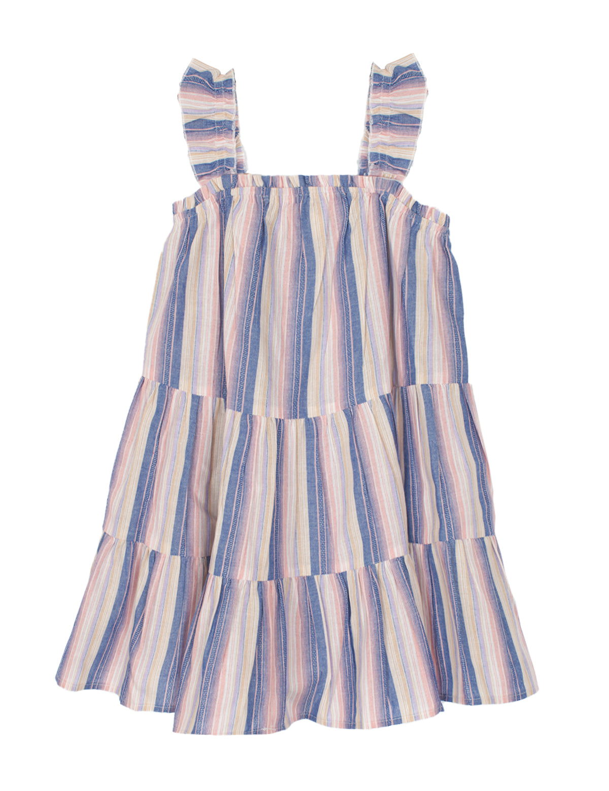 The Riley Rose Dress by Mabel and Honey is a sleeveless girl's dress with ruffle shoulder straps, a tiered skirt, and vertical pastel stripes in blue, pink, yellow, and white—perfect for any occasion.