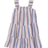 The Riley Rose Dress by Mabel and Honey is a sleeveless girl's dress with ruffle shoulder straps, a tiered skirt, and vertical pastel stripes in blue, pink, yellow, and white—perfect for any occasion.