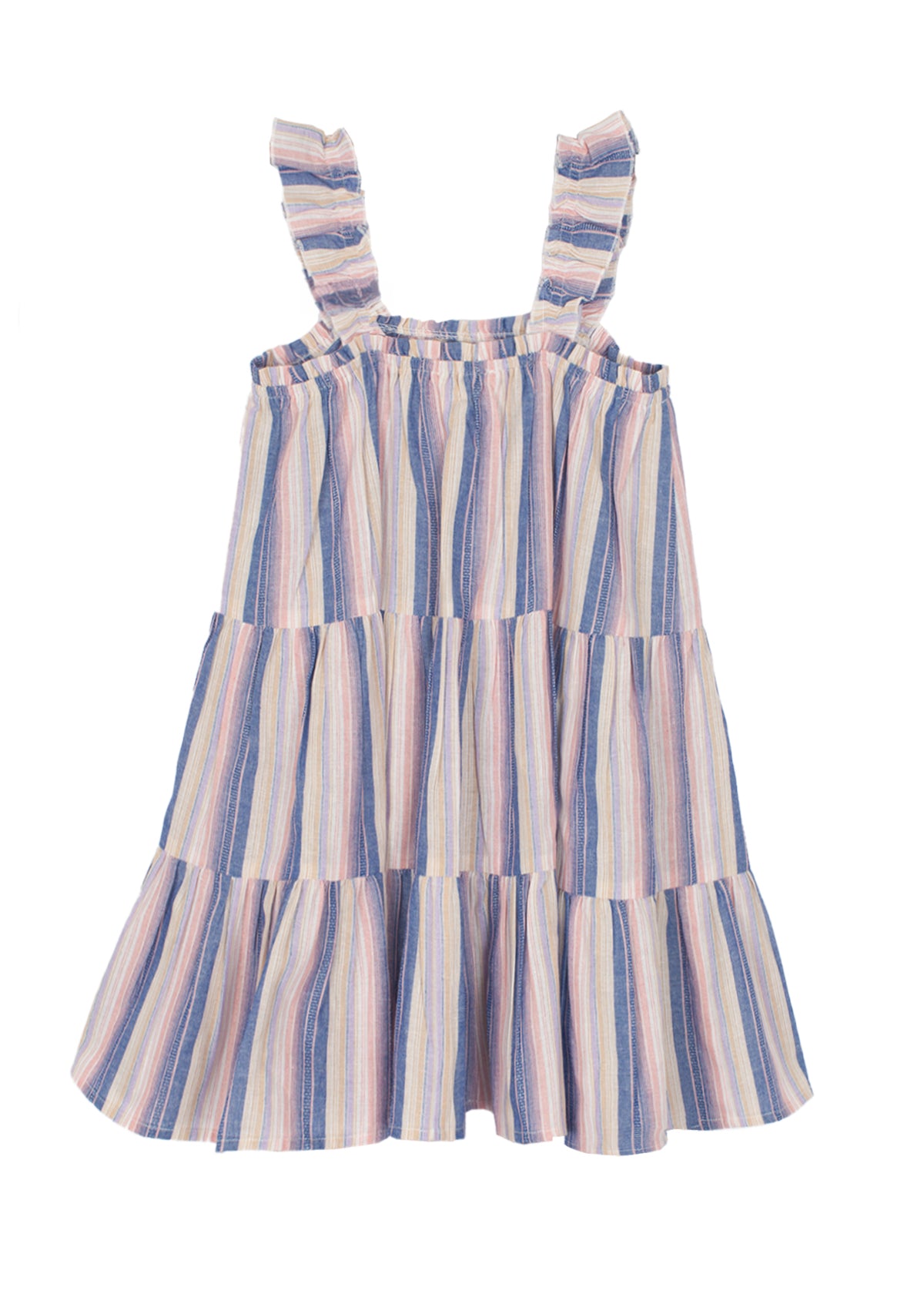 The Riley Rose Dress by Mabel and Honey is a girl's sleeveless, knee-length dress with tiered ruffles and ruffle straps. It features vertical pastel blue, pink, and yellow stripes on white.