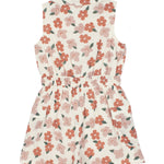 The Mavery Floral Romper by Mabel and Honey is a children's sleeveless collared romper with a pink and red floral print on white, an elastic waistband for comfort, shown here from the back.
