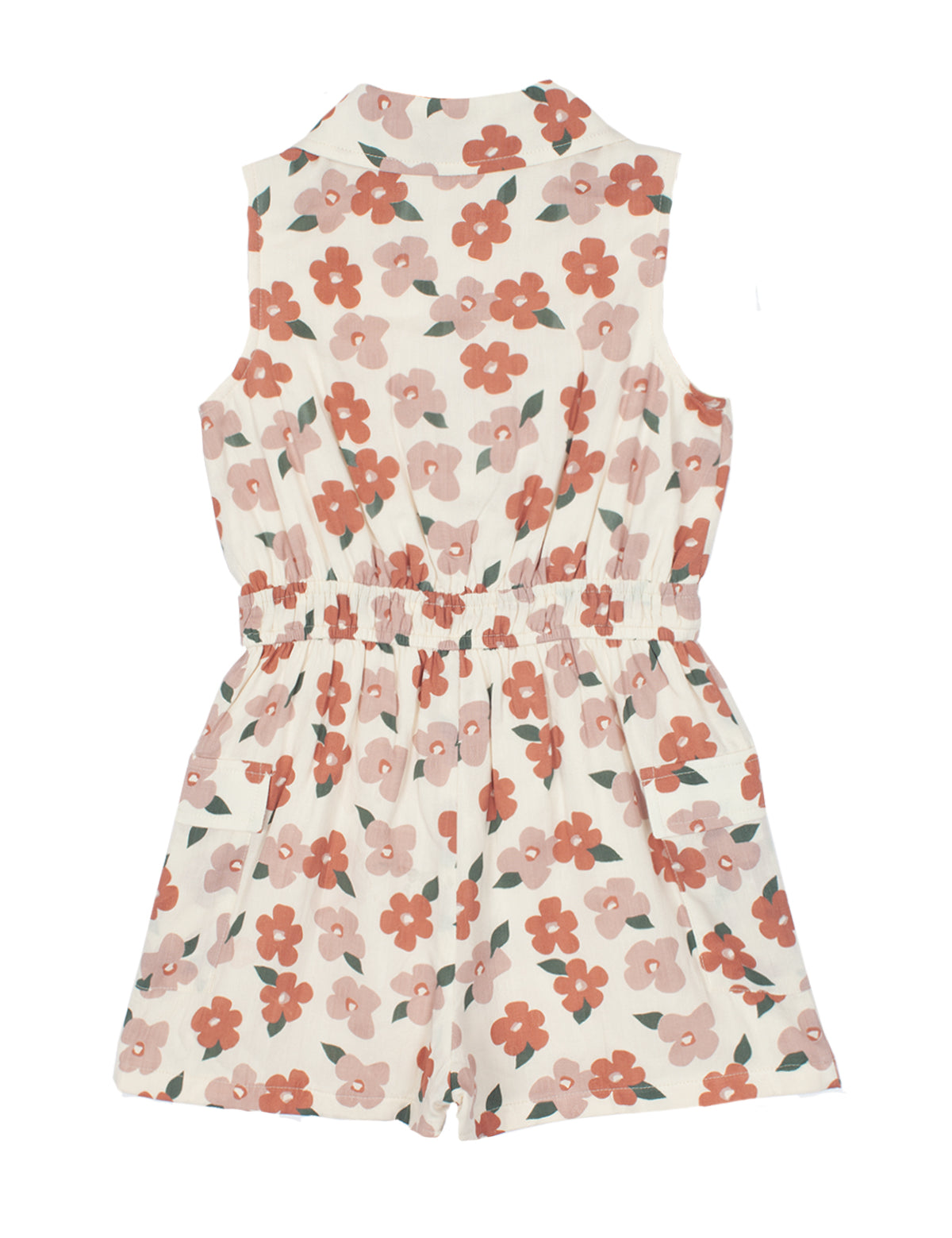 The Mavery Floral Romper by Mabel and Honey is a children's sleeveless collared romper with a pink and red floral print on white, an elastic waistband for comfort, shown here from the back.
