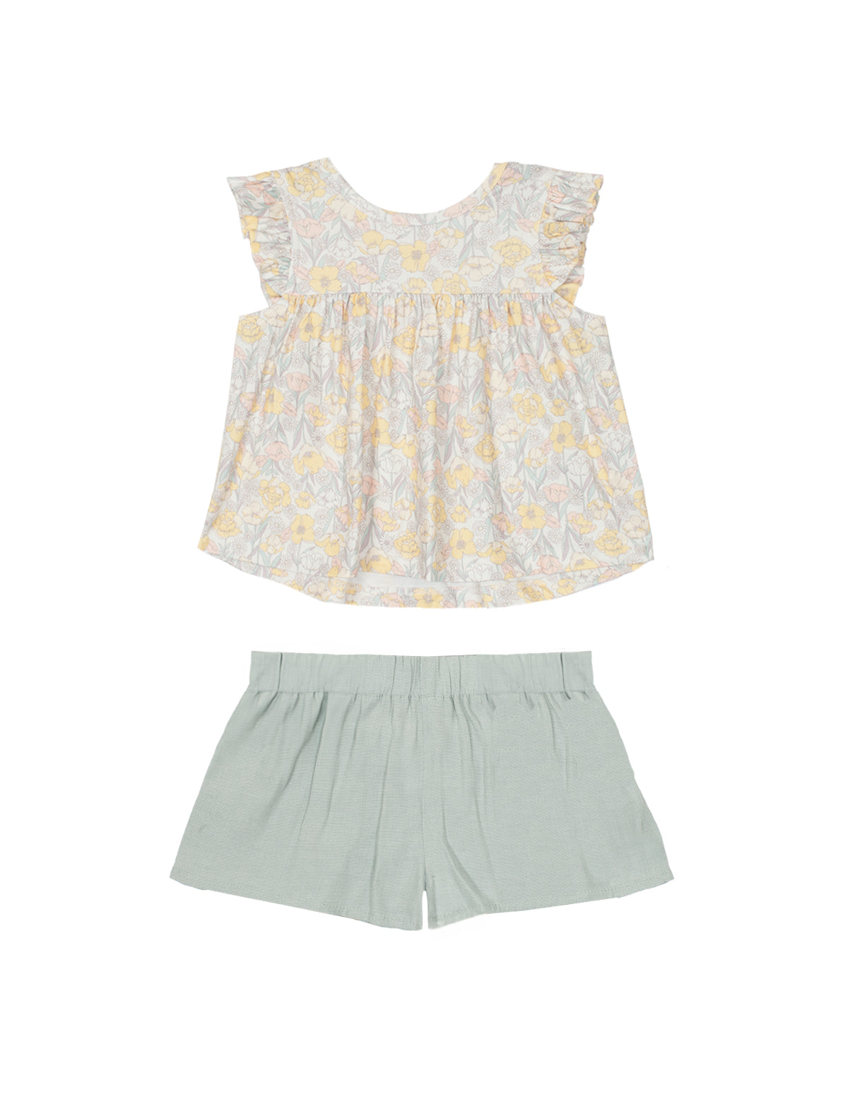 The Mila Two Piece Set by Mabel and Honey features a pastel-printed ruffle short-sleeve top in yellow and gray with solid sage green shorts, shown on a white background.