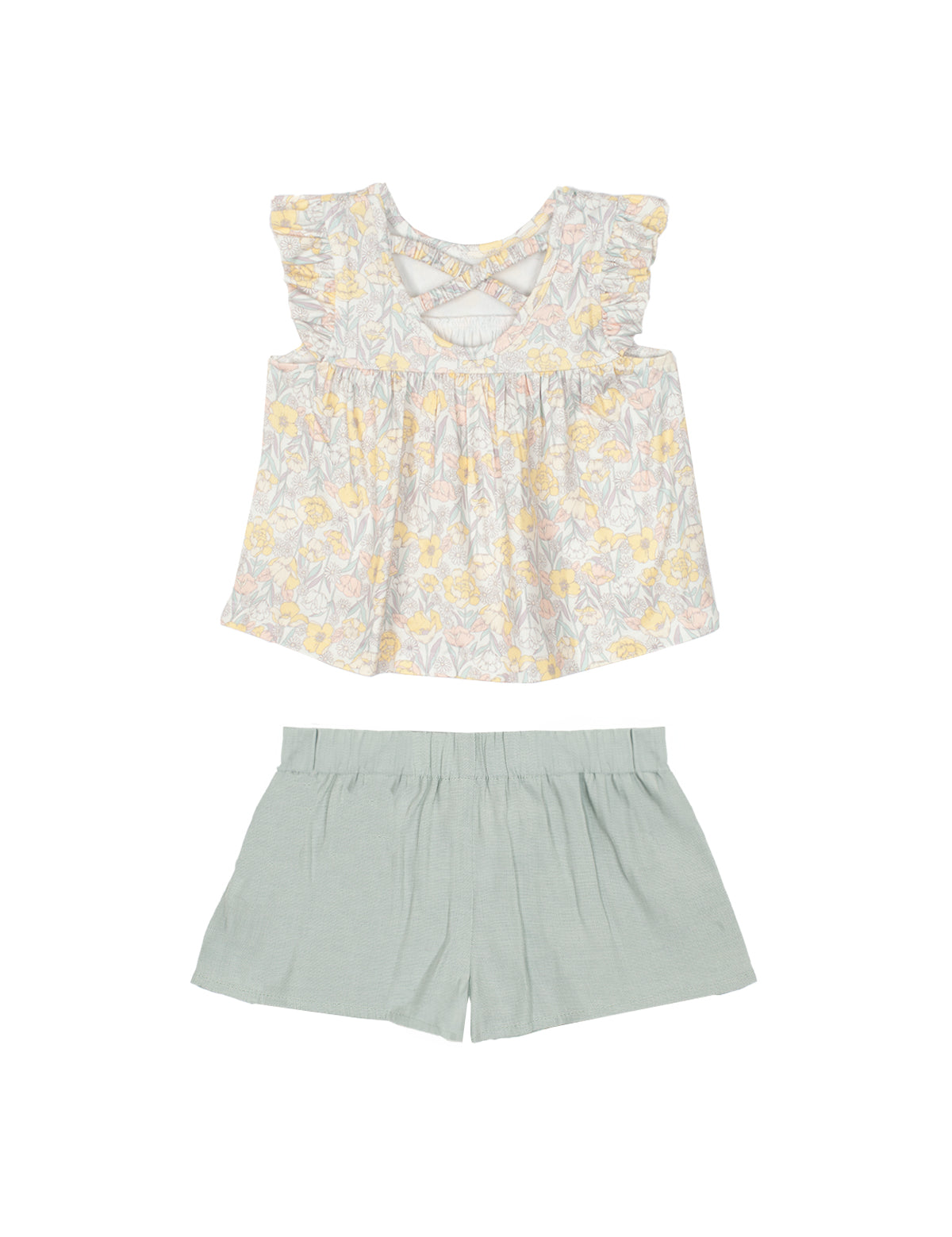 The Mila Two Piece Set by Mabel and Honey features a pastel-printed sleeveless top with ruffled shoulders and loose sage green shorts, displayed flat on a white background.