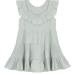 The Mila Green Emerald Dress by Mabel and Honey features a sage green hue, ruffled collar, flowy tiered layers, and loose fit—perfect for any occasion. Shown on a white background.