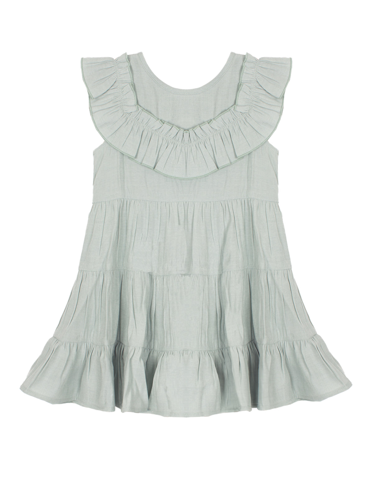 The Mila Green Emerald Dress by Mabel and Honey features a sage green hue, ruffled collar, flowy tiered layers, and loose fit—perfect for any occasion. Shown on a white background.
