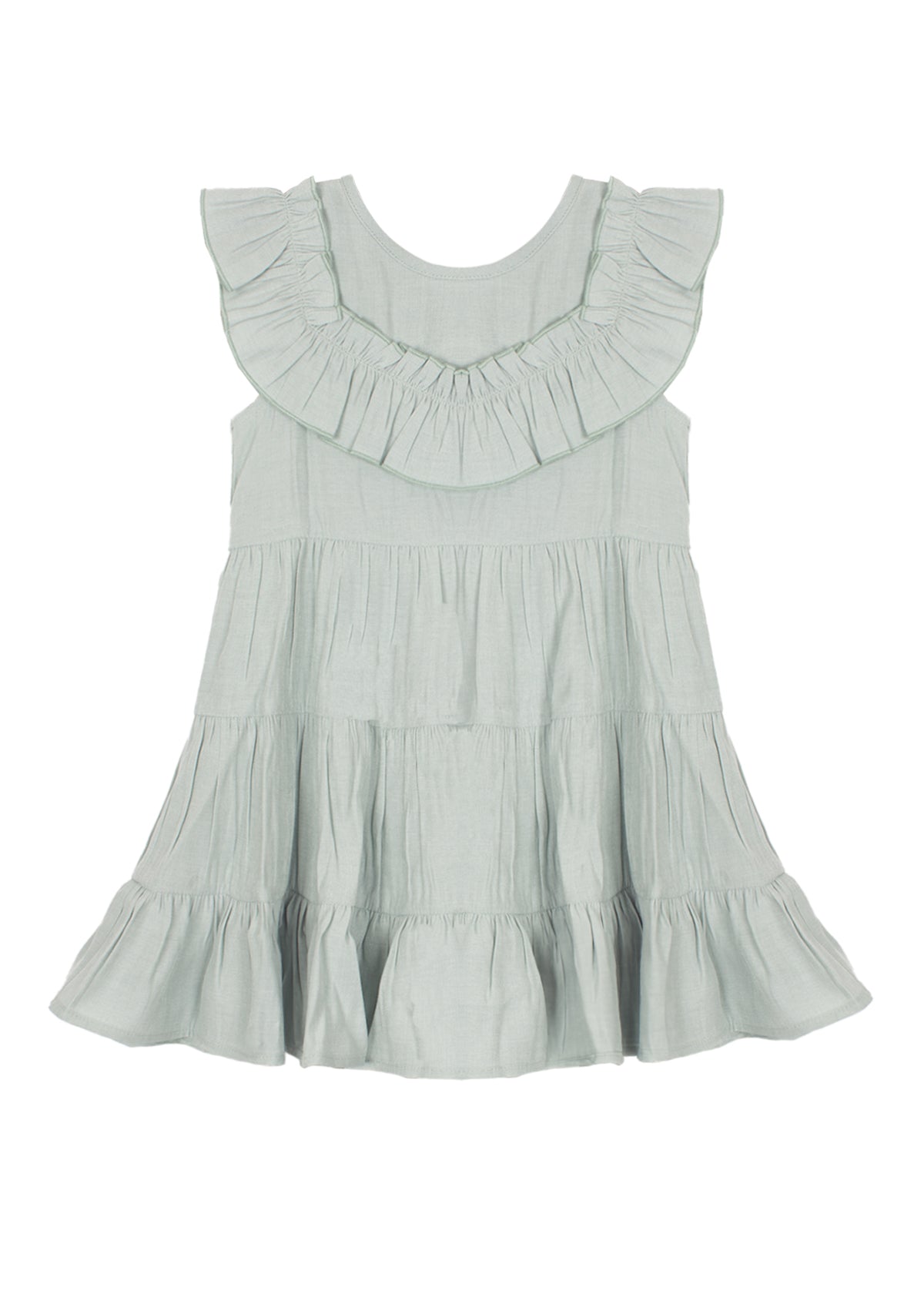 The Mila Green Emerald Dress by Mabel and Honey features a sage green hue, ruffled collar, flowy tiered layers, and loose fit—perfect for any occasion. Shown on a white background.