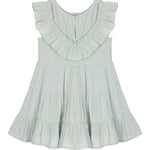 The Mila Green Emerald Dress by Mabel and Honey is a light sage green girl's dress with a sleeveless design, ruffled collar, tiered flared skirt, round neckline, and an easy back button closure.
