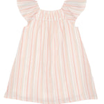 The Sandy Dress by Mabel and Honey is a sleeveless girls dress with flutter sleeves, ruffled straps, and a striped pastel pink, white, and light blue pattern on lightweight fabric for a loose, comfortable fit.