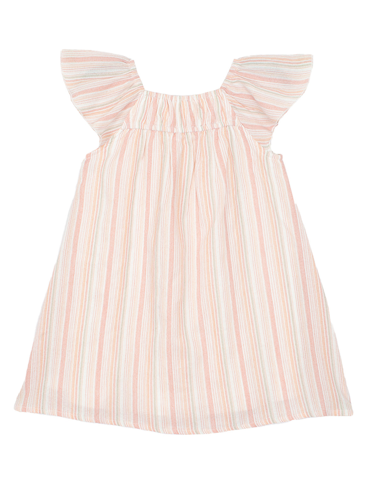 The Sandy Dress by Mabel and Honey is a sleeveless girls dress with flutter sleeves, ruffled straps, and a striped pastel pink, white, and light blue pattern on lightweight fabric for a loose, comfortable fit.