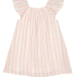 The Sandy Dress by Mabel and Honey is a sleeveless girls dress with flutter sleeves, ruffled straps, and a striped pastel pink, white, and light blue pattern on lightweight fabric for a loose, comfortable fit.