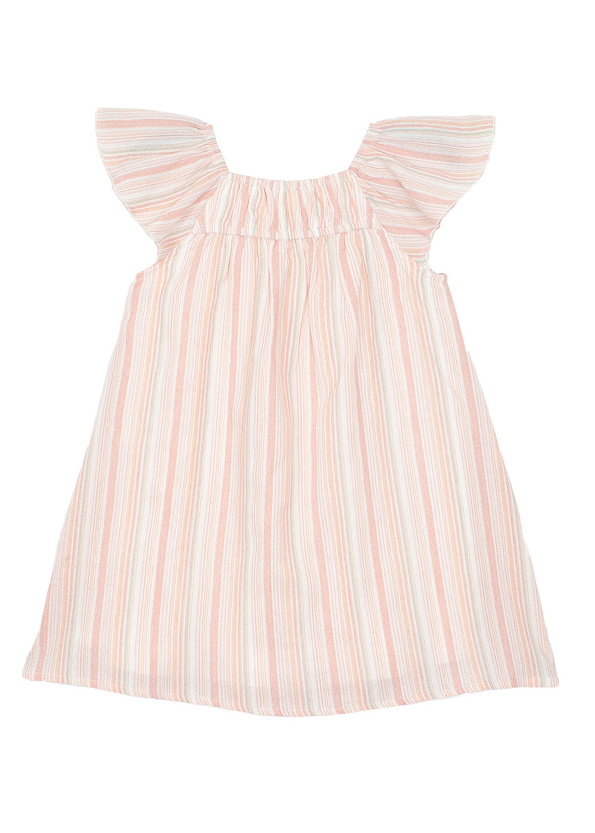The Sandy Dress by Mabel and Honey is a sleeveless girls dress with flutter sleeves, ruffled straps, and a striped pastel pink, white, and light blue pattern on lightweight fabric for a loose, comfortable fit.