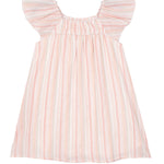 The Sandy Dress by Mabel and Honey features pink and white stripes, flutter sleeves, and a gathered neckline, shown laid flat on a white background.