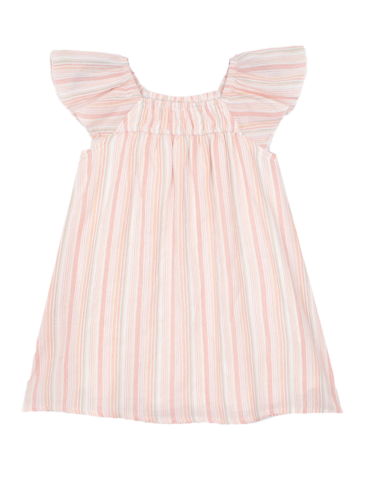 The Sandy Dress by Mabel and Honey features pink and white stripes, flutter sleeves, and a gathered neckline, shown laid flat on a white background.