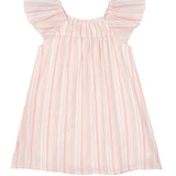 The Sandy Dress by Mabel and Honey features pink and white stripes, flutter sleeves, and a gathered neckline, shown laid flat on a white background.