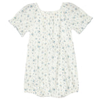 The Bluebell Baby Romper by Mabel and Honey features a white short-sleeve design with a square neckline, light blue floral pattern, subtle ruffled sleeves, and a loose gathered waist—an adorable choice for any occasion.