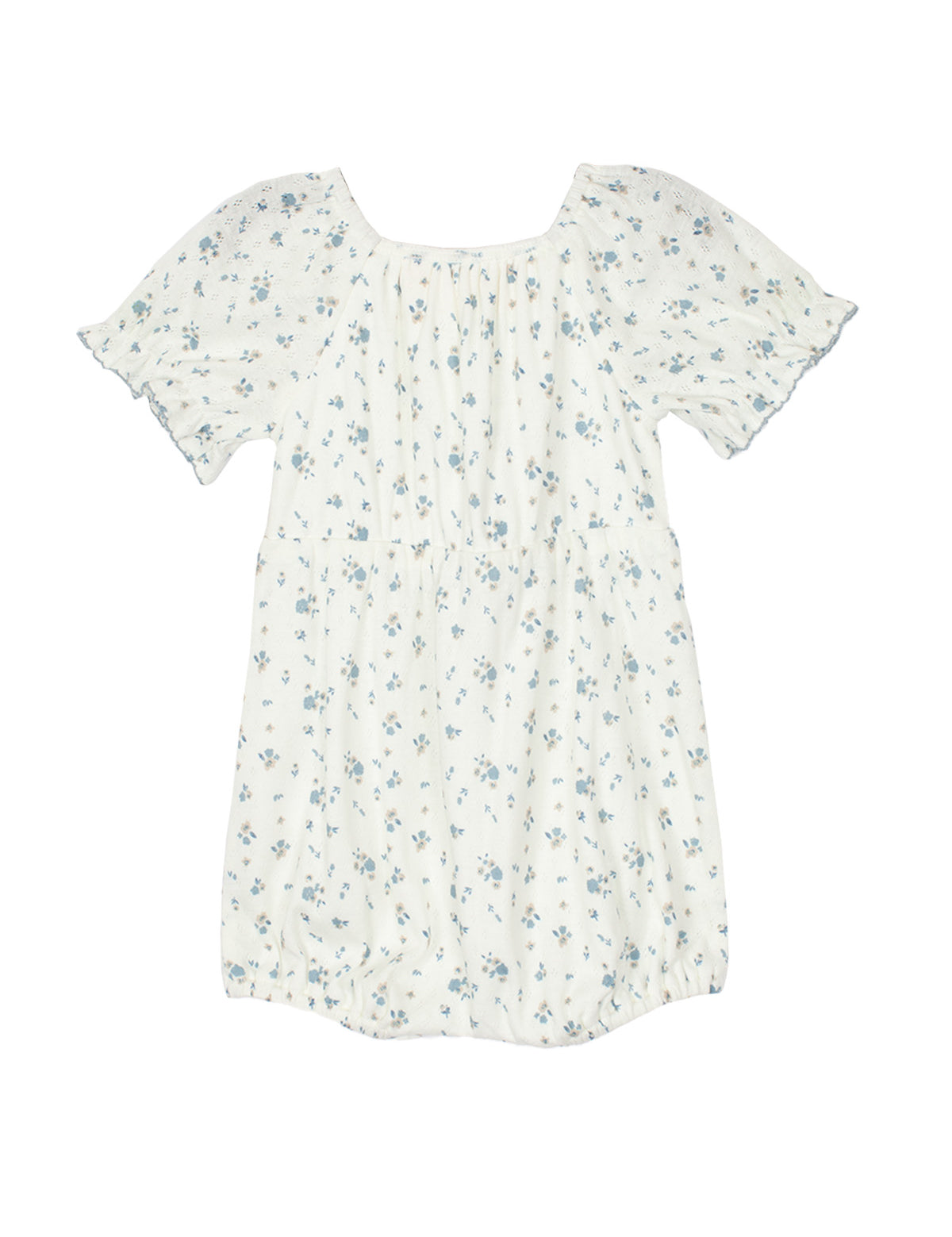 The Bluebell Baby Romper by Mabel and Honey features a white short-sleeve design with a square neckline, light blue floral pattern, subtle ruffled sleeves, and a loose gathered waist—an adorable choice for any occasion.