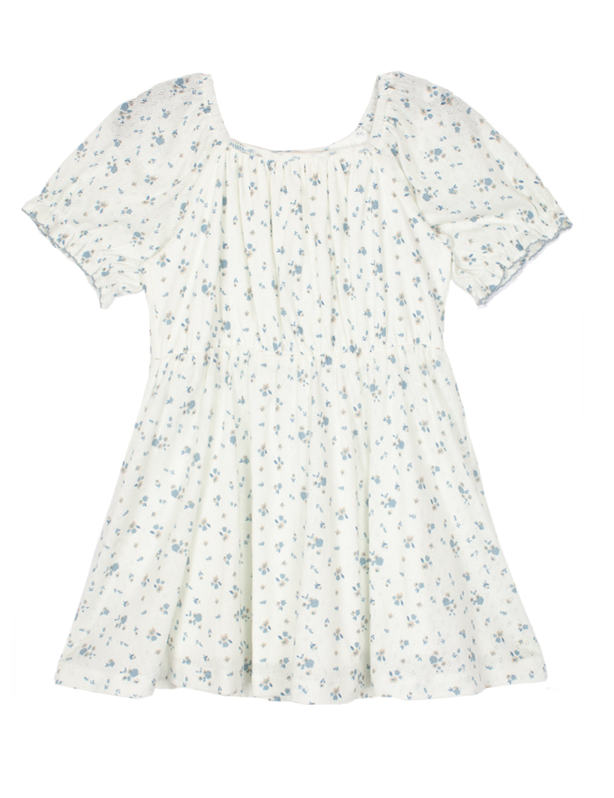 The Bluebells Drop Shoulder Dress by Mabel and Honey is a white, short-sleeved girls’ dress with a gathered bodice, flared skirt, blue floral pattern, and delicate lace trim for added charm.