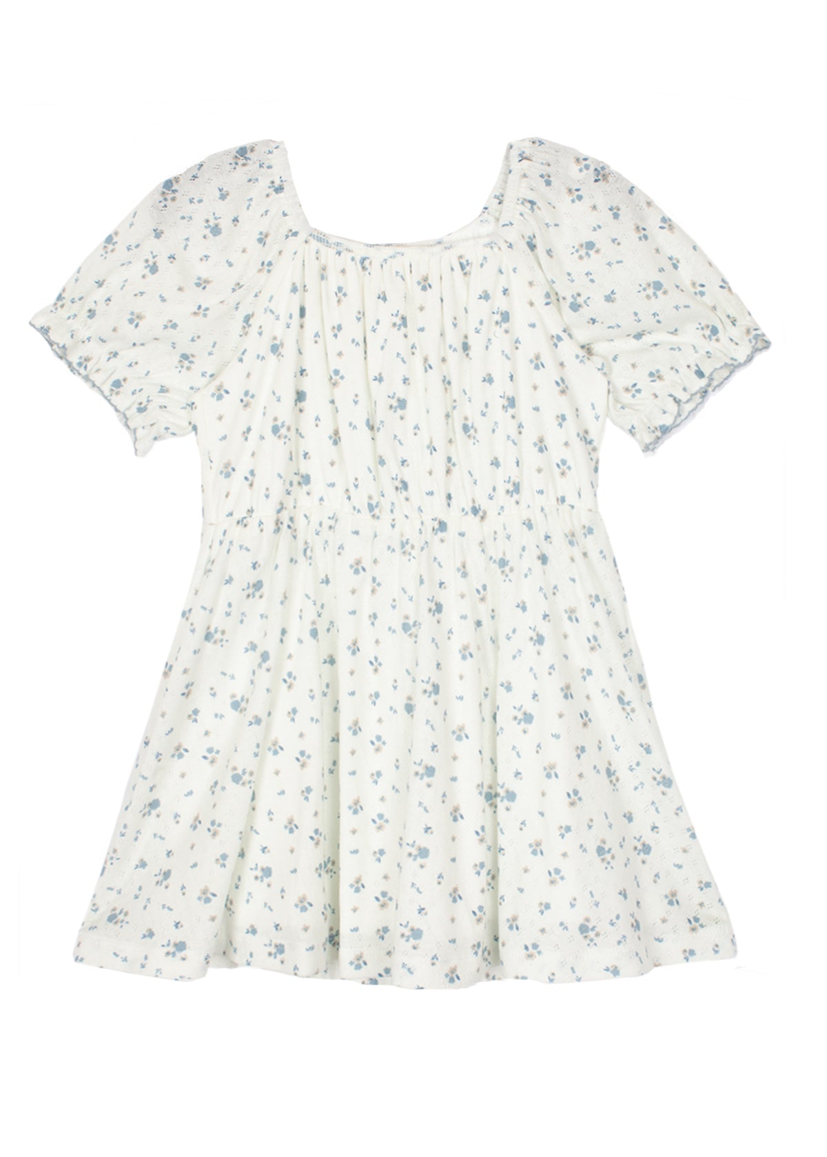 The Bluebells Drop Shoulder Dress by Mabel and Honey is a white, short-sleeved girls’ dress with a gathered bodice, flared skirt, blue floral pattern, and delicate lace trim for added charm.
