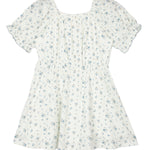 The Bluebells Drop Shoulder Dress by Mabel and Honey is a short white girls dress with light blue floral print, drop shoulders, puff sleeves, a gathered square neckline, and fitted waist.