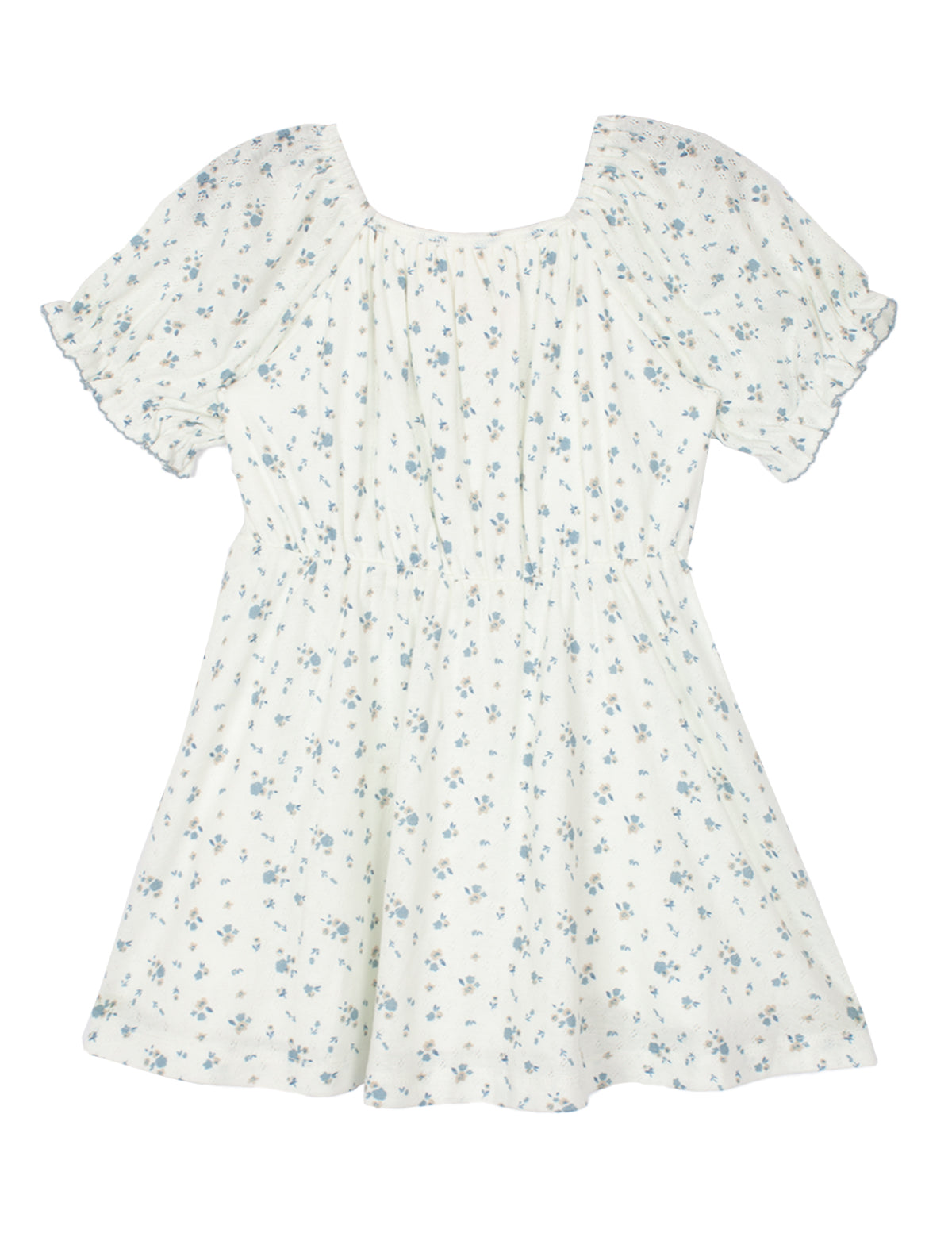 The Bluebells Drop Shoulder Dress by Mabel and Honey is a short white girls dress with light blue floral print, drop shoulders, puff sleeves, a gathered square neckline, and fitted waist.