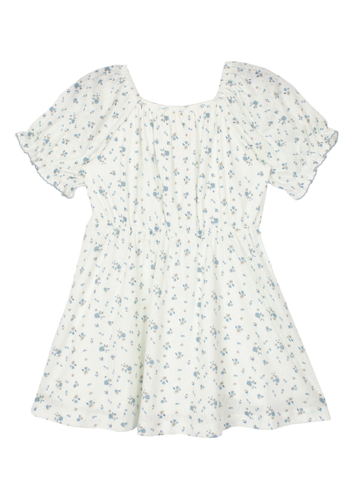The Bluebells Drop Shoulder Dress by Mabel and Honey is a short white girls dress with light blue floral print, drop shoulders, puff sleeves, a gathered square neckline, and fitted waist.