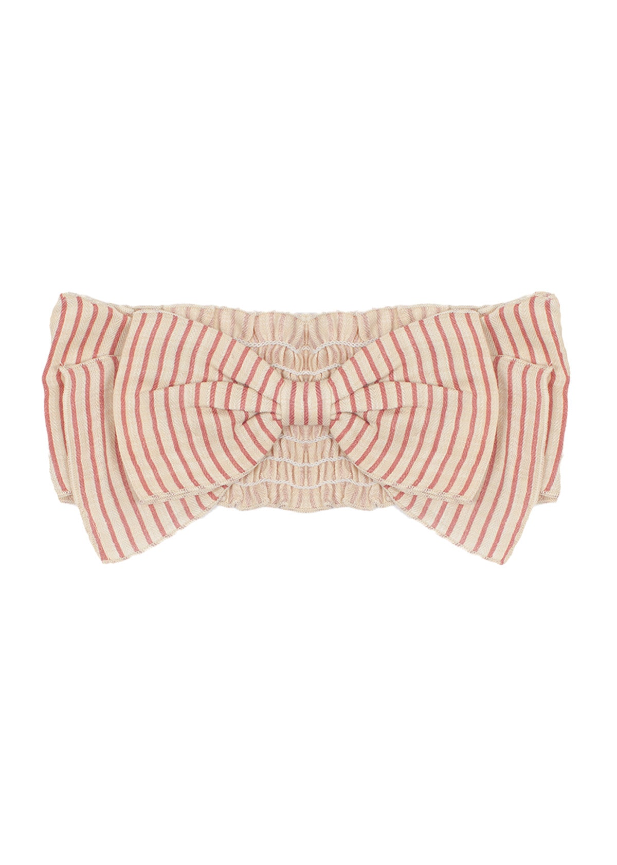 The Cranberry Crush Hair Accessory by Mabel and Honey is a cream-colored girls headband with an oversized bow, detailed with thin red vertical stripes evenly spaced on both the bow and band.