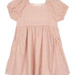 The Cranberry Crush Dress by Mabel and Honey is a pink and white striped girls dress with puff sleeves, a square neckline, gathered waist, and side pockets, shown against a white background.
