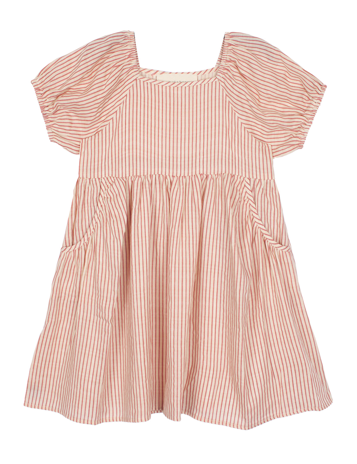 The Cranberry Crush Dress by Mabel and Honey is a pink and white striped girls dress with puff sleeves, a square neckline, gathered waist, and side pockets, shown against a white background.