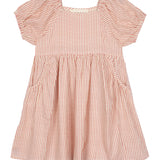 The Cranberry Crush Dress by Mabel and Honey is a pink and white striped girls dress with puff sleeves, a square neckline, gathered waist, and side pockets, shown against a white background.