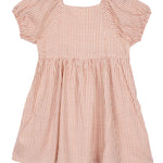 The Mabel and Honey Cranberry Crush Dress is a charming pink and white girls dress featuring puff sleeves, a gathered waist, striped pattern, and a playful square neckline.