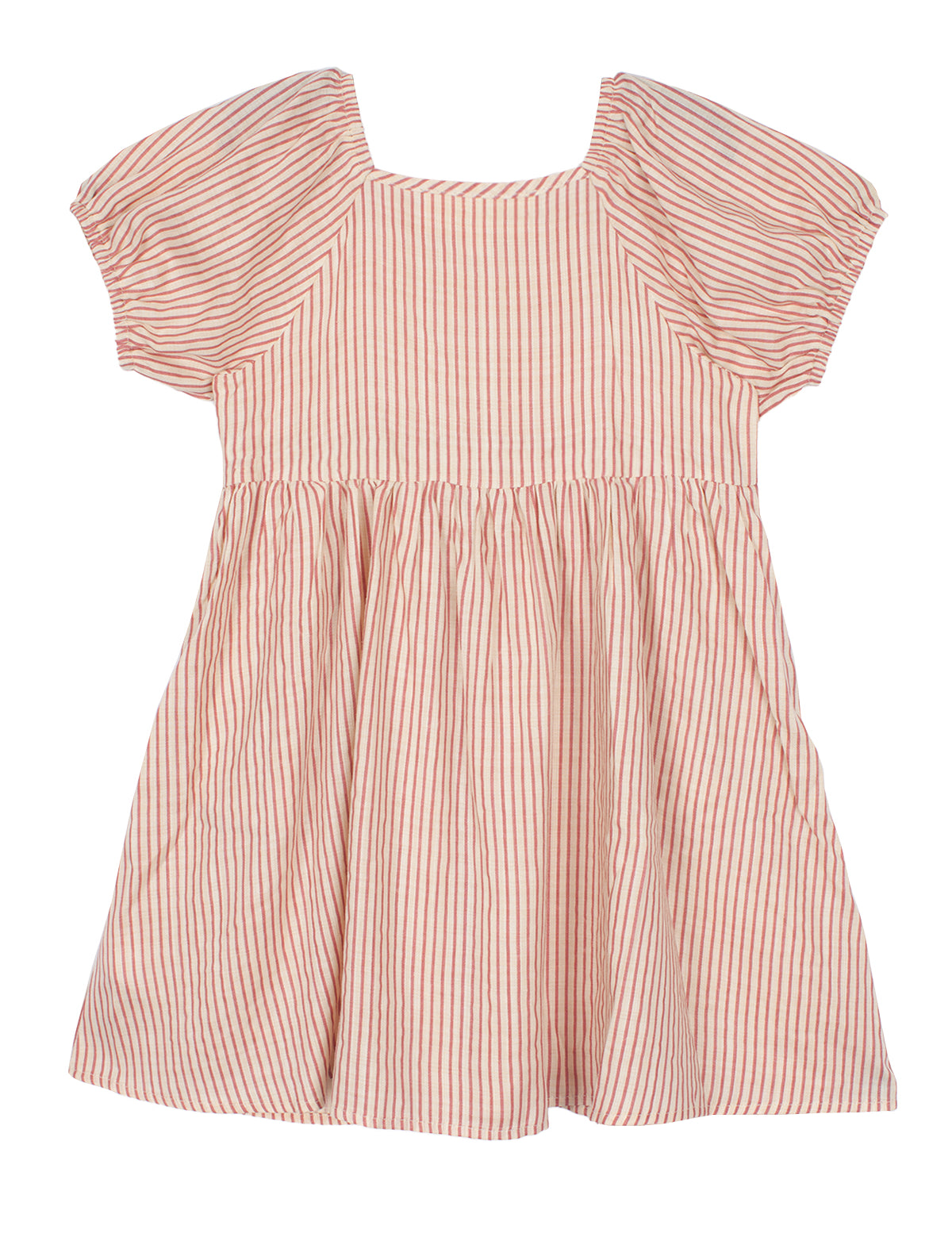 The Mabel and Honey Cranberry Crush Dress is a charming pink and white girls dress featuring puff sleeves, a gathered waist, striped pattern, and a playful square neckline.