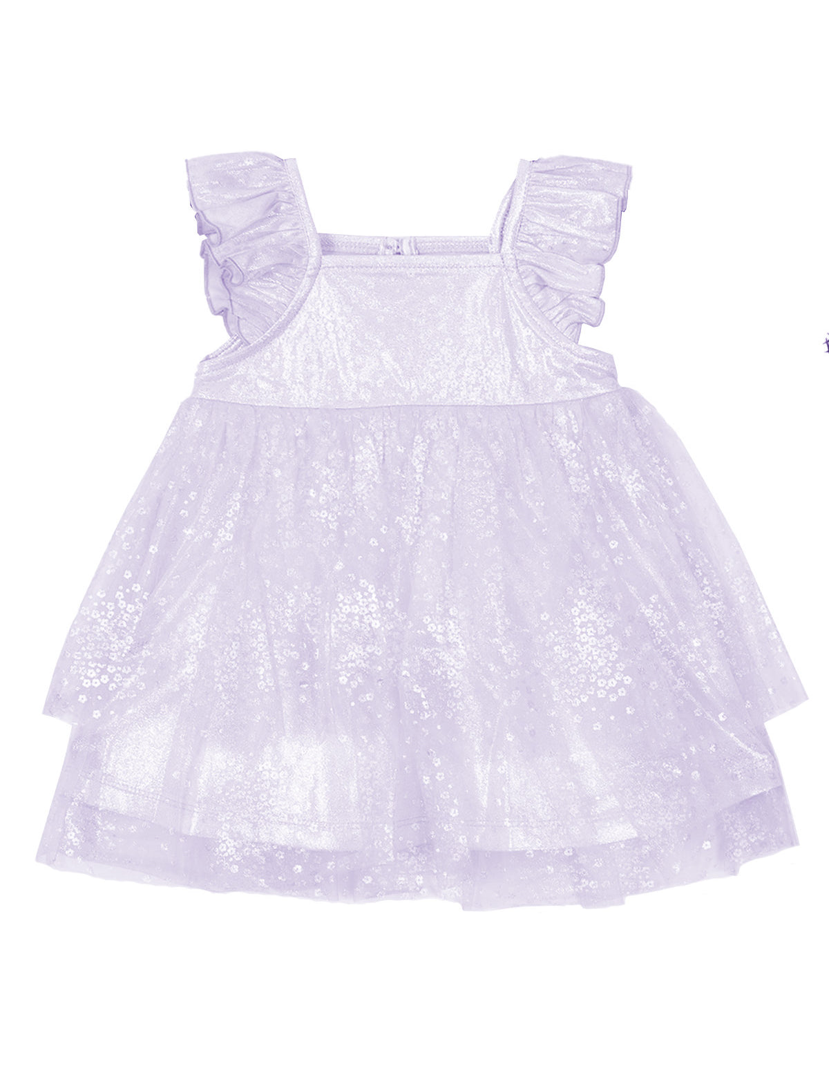 The Isobella and Chloe Purple Star Empire Waist Dress features ruffled sleeves, a layered sparkly tulle skirt, and a shimmering finish—perfect for special occasions with its soft, elegant style.
